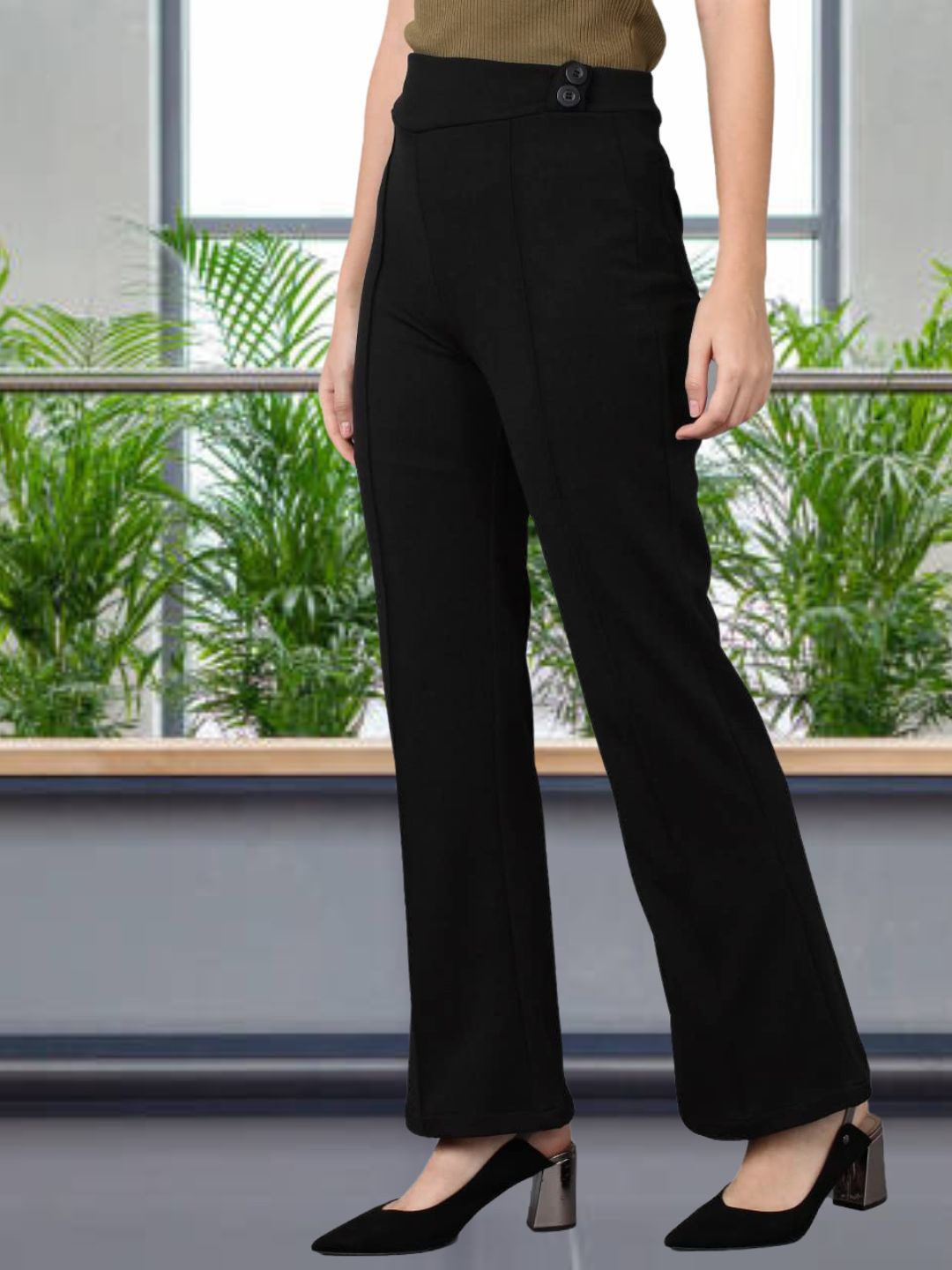 

BAESD Women Relaxed Straight Leg High-Rise Easy Wash Trousers, Black