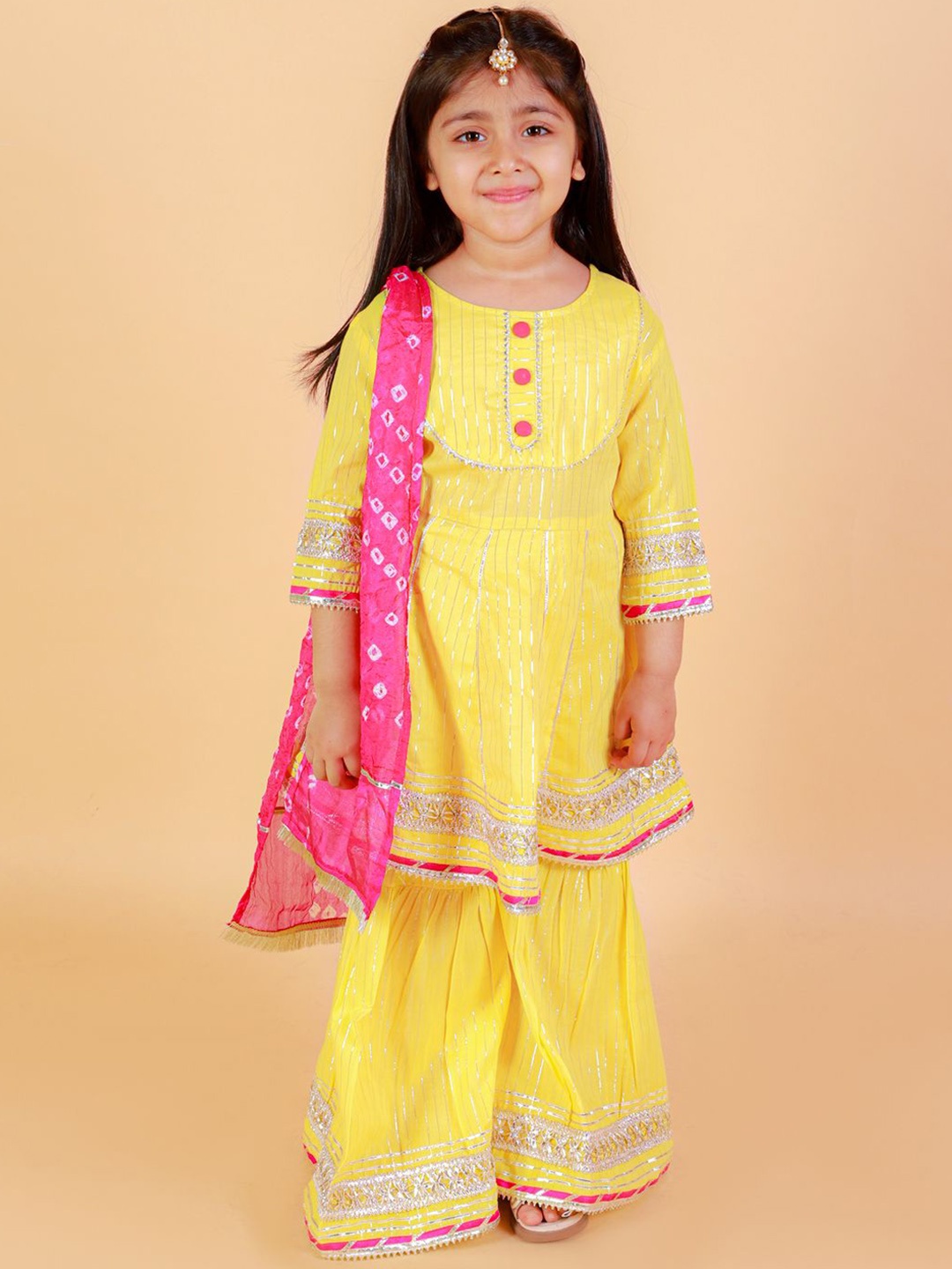 

LITTLE GINNIE Girls Yoke Design Gotta Patti Pure Cotton Kurti with Sharara & Dupatta, Yellow