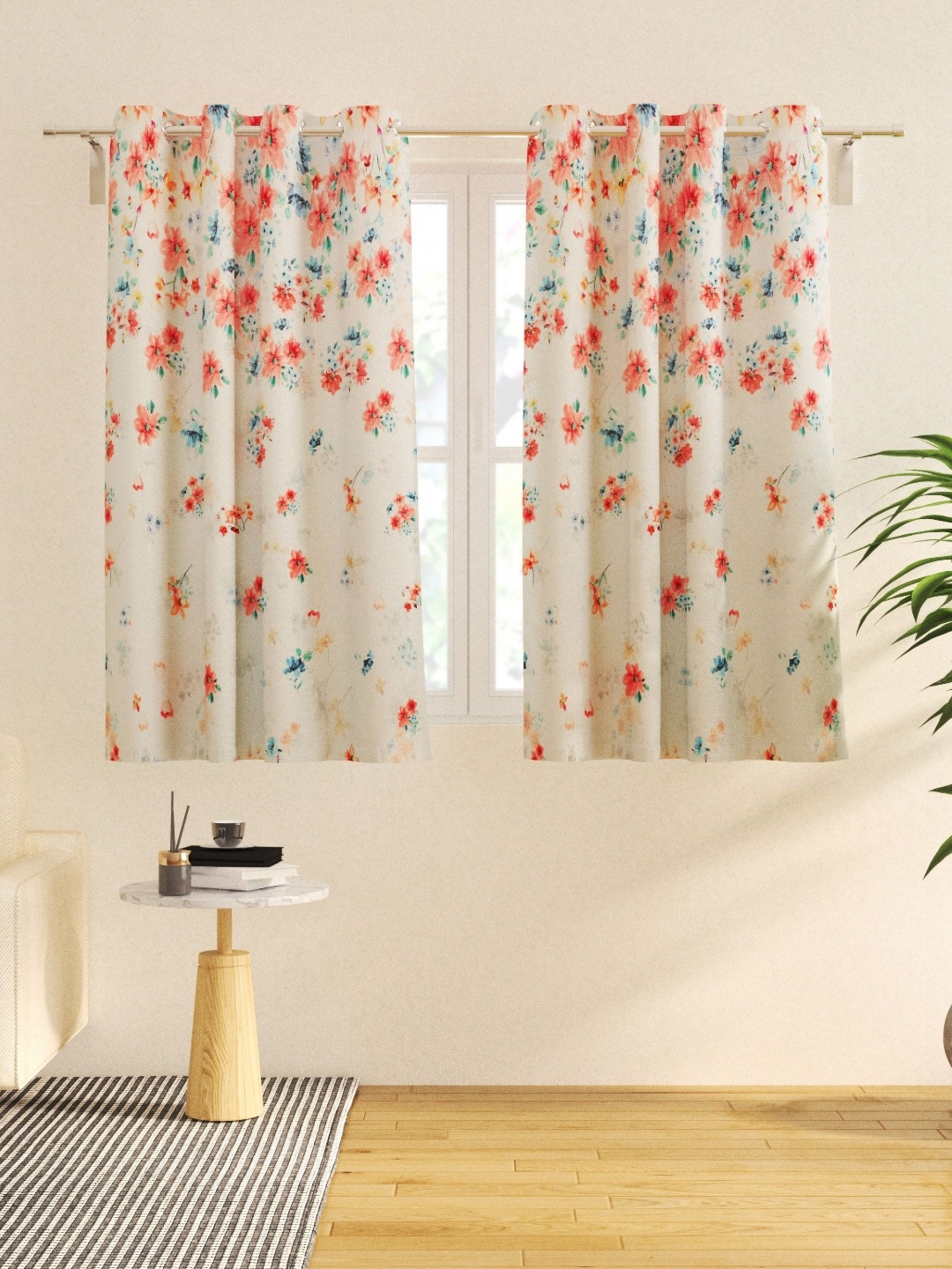 

Home Centre corsica fiesta White & Red 2 Pieces Floral Black Out Window Curtains