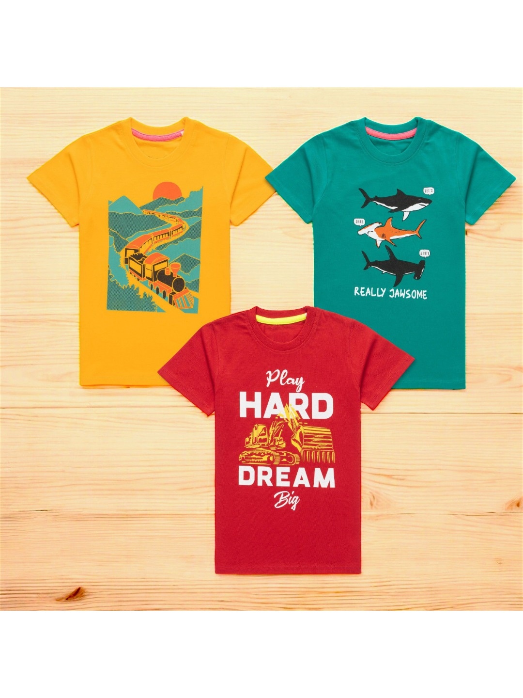 

BAESD Boys Pack Of 3 Graphic Printed Round Neck Cotton T-Shirt, Yellow