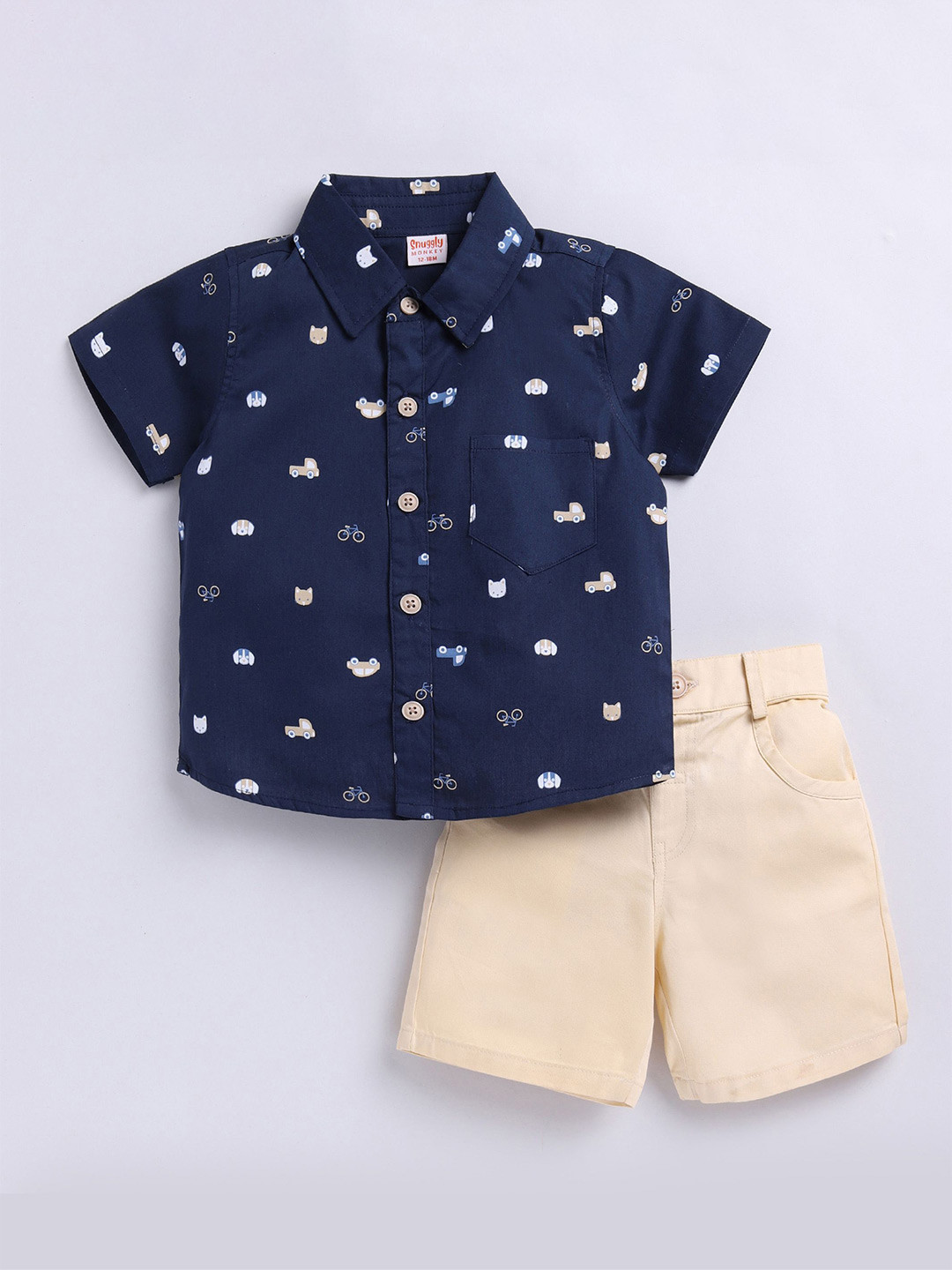 

SNUGGLY MONKEY Boys Dino Printed Shirt Collar Pure Cotton Top with Shorts Set, White