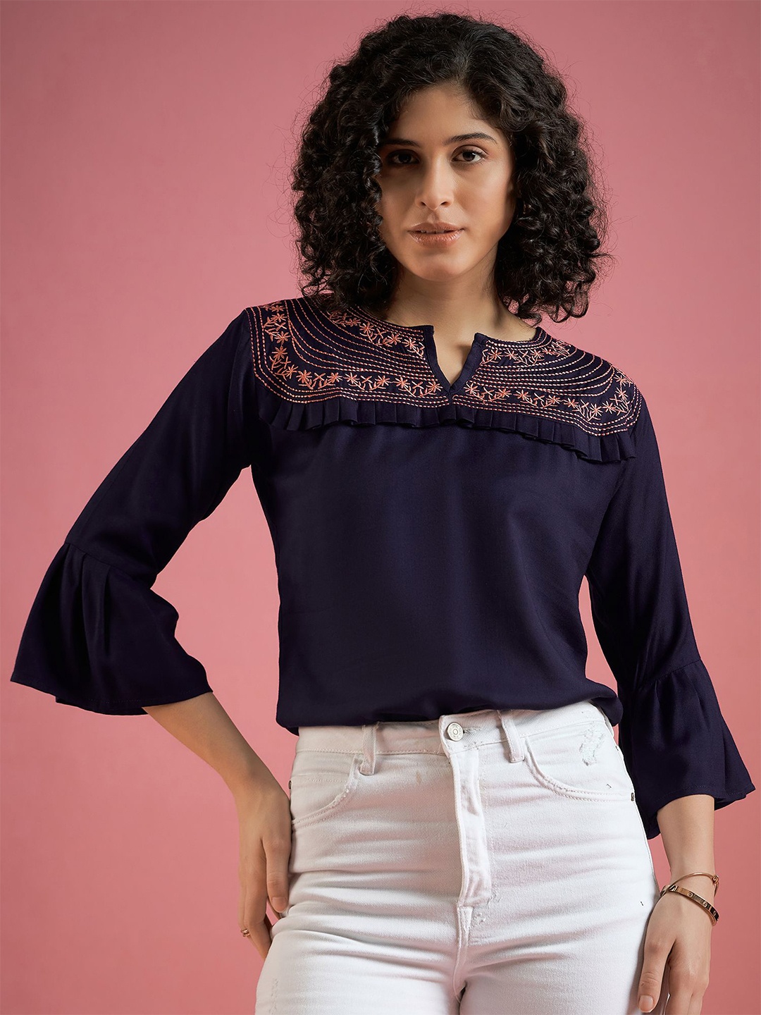 

DressBerry Women Embroidered Round Neck Viscose Rayon Top, Navy blue