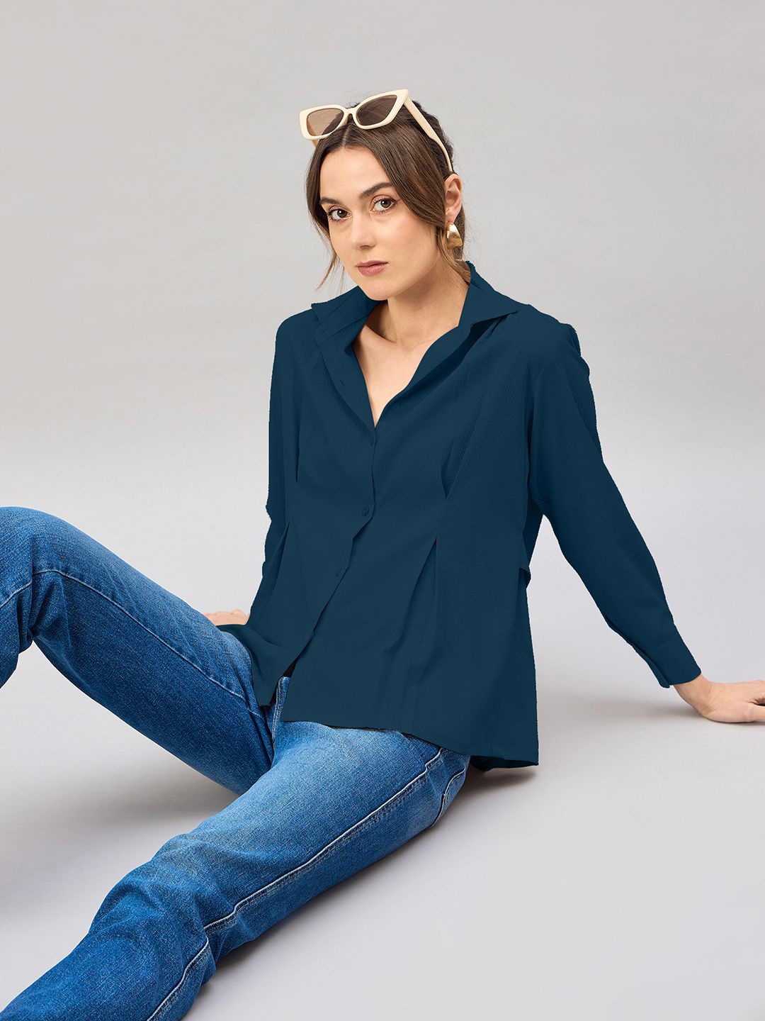 

Roadster Women Solid Shirt Collar Top, Teal