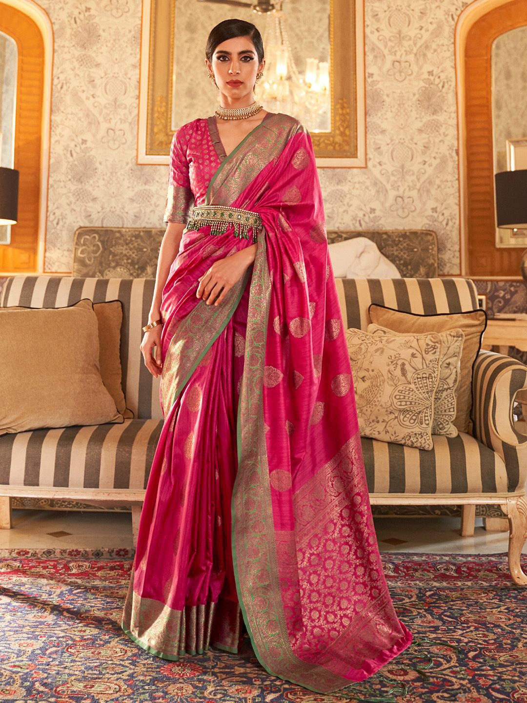 

Ishin Woven Design Embroidered Banarasi Saree, Pink