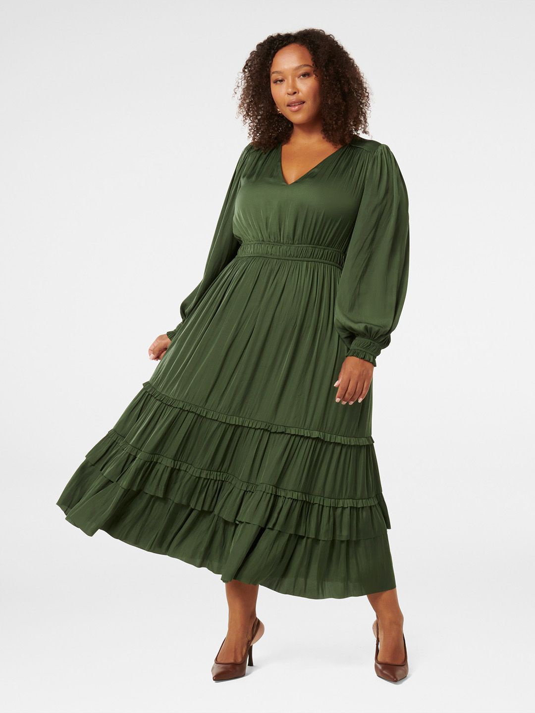 

Forever New Puff Sleeve Satin Fit & Flare Midi Dress, Green