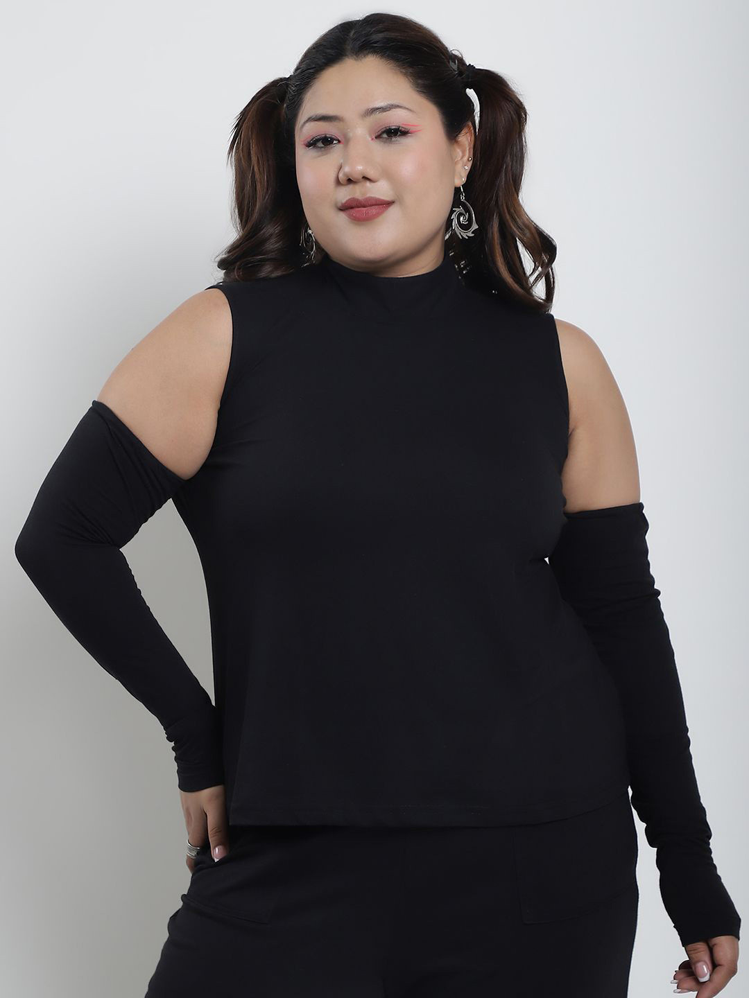 

thkgrlz Women Solid High Neck Cotton Plus Size Top, Black