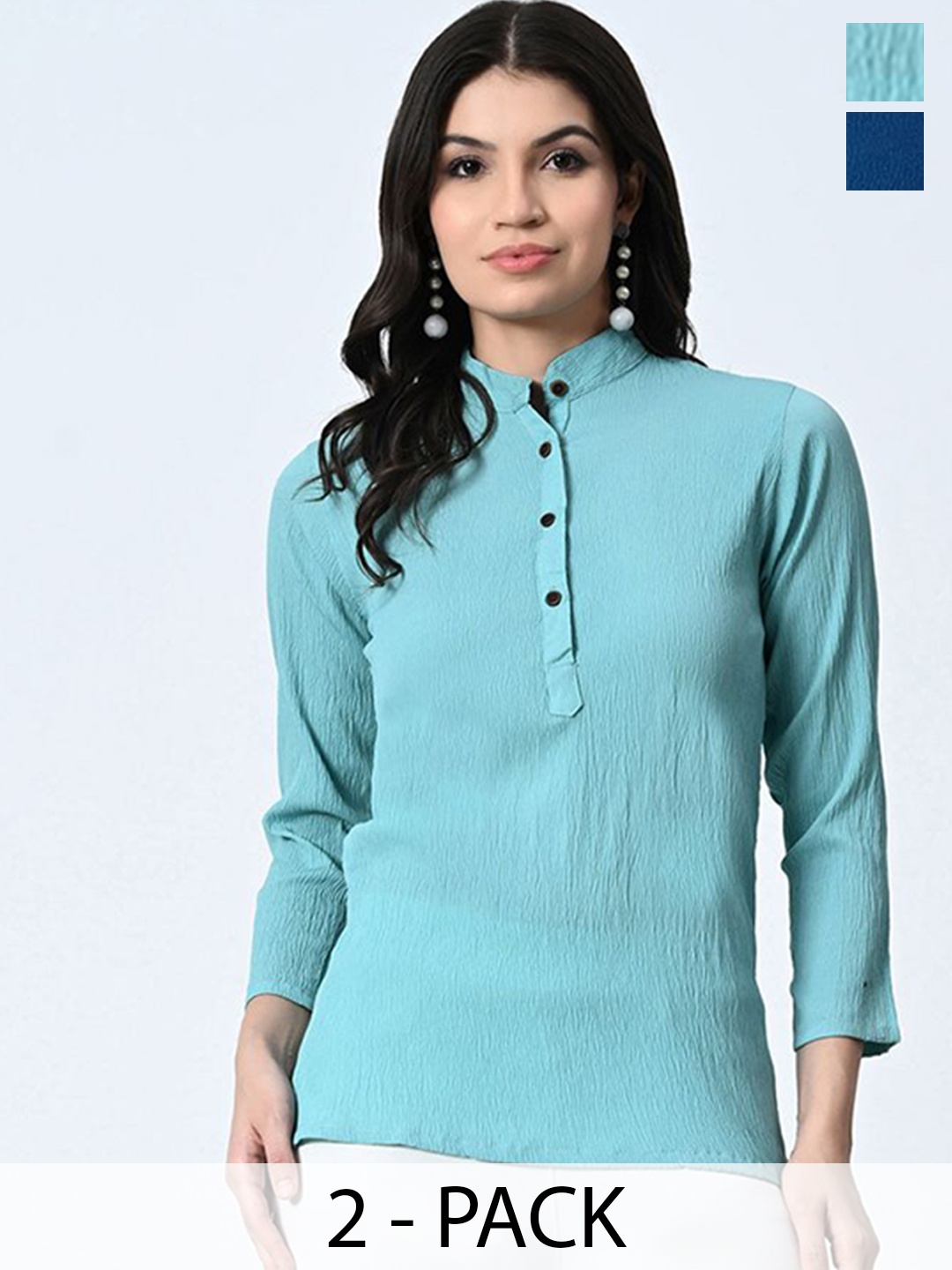 

BAESD Pack of 2 Mandarin Collar Crepe Straight Top, Blue