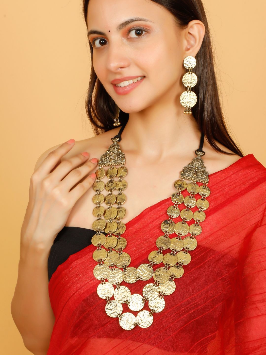 

VIVAZS Gold Oxidised Multi Coin Motif Layered Long Necklace With Drop Earrings Set.