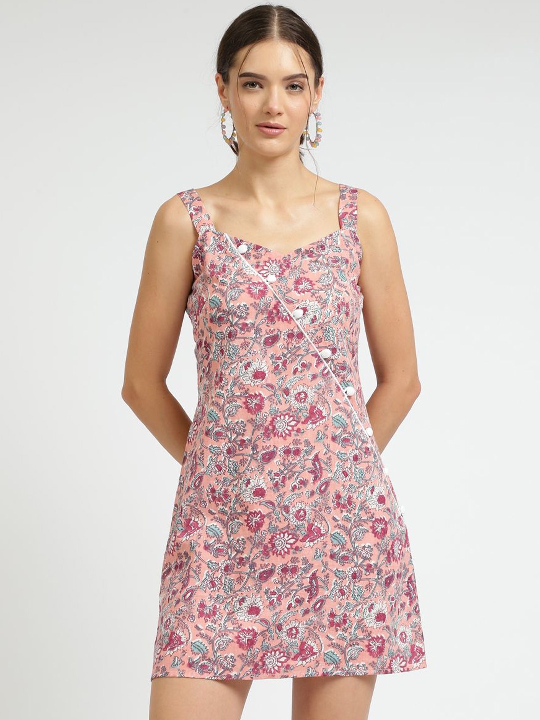 

VIRAGO Floral Printed Shoulder Straps Cotton Sheath Mini Dress, Pink