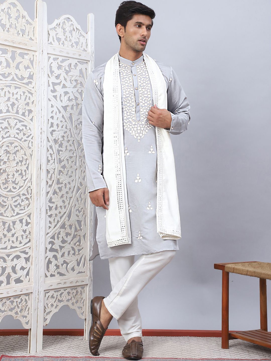 

Anouk Grey Geometric Embroidered Thread Work Silk Cotton Kurta with Pyjamas & Dupatta