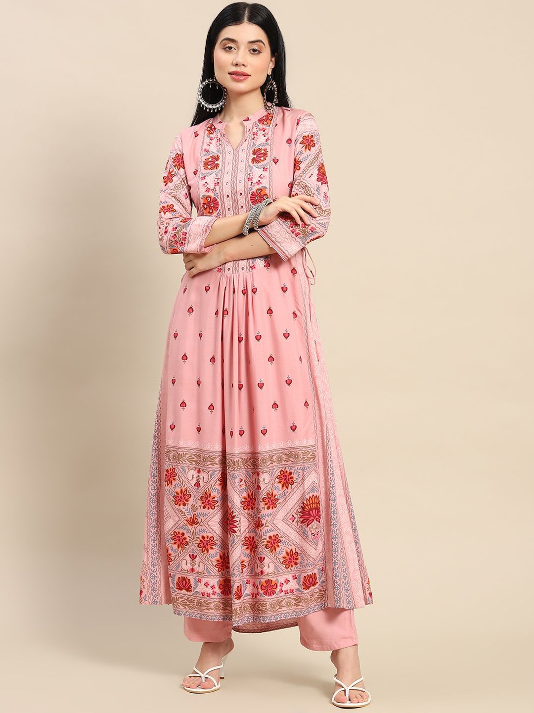 

IndigoFerry Floral Printed Mandarin Collar Pure Cotton A-Line Kurta with Trousers, Pink