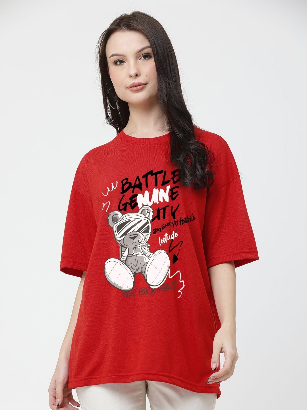 

Leotude Women Graphic Printed Round Neck Cotton Oversized T-shirt, Red