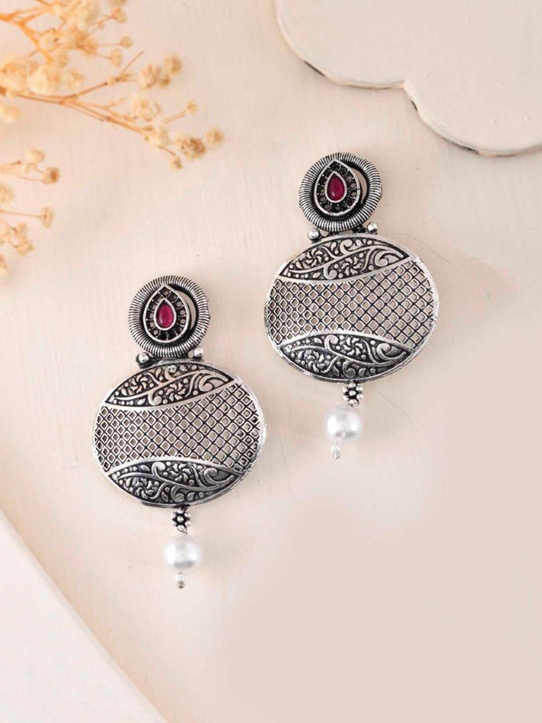 

VOJ Rhodium-Plated Stainless Steel Oxidized Circular Pearls Drop Earrings, Silver