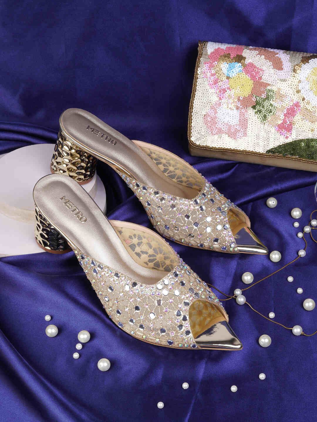 

Metro Women Pointed Toe Block Heels Mules With Western - Embellished, Gold