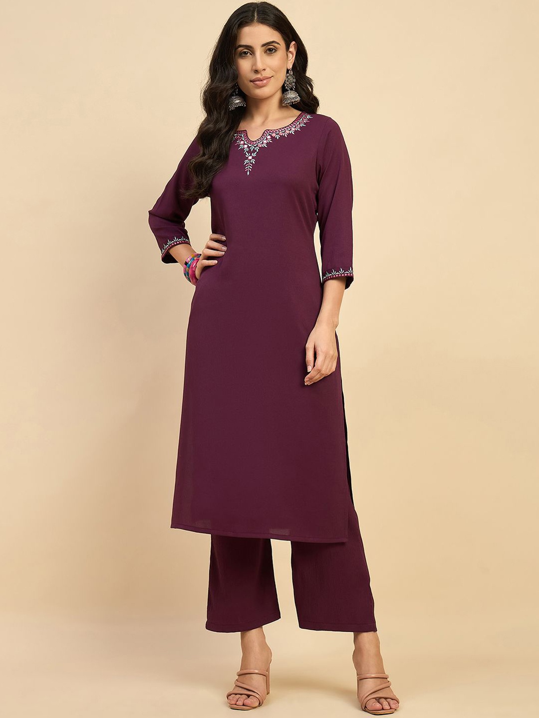 

Azira Yoke Design V-Neck Thread Work Straight Kurta With Palazzos, Purple