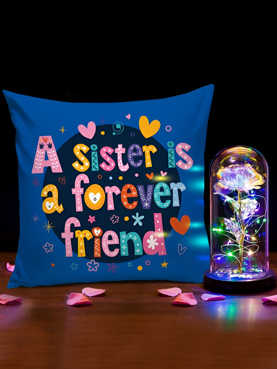 

TIED RIBBONS 2pcs Blue & Transparent Printed Cushion and LED Rose Gift Set