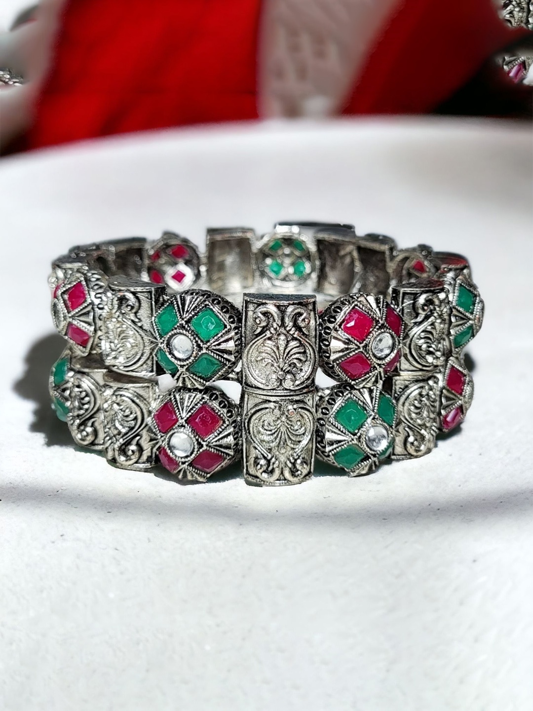 

leshya Set Of 2 Meenakari Stone-Studded Oxidized Kada Bangles, Silver