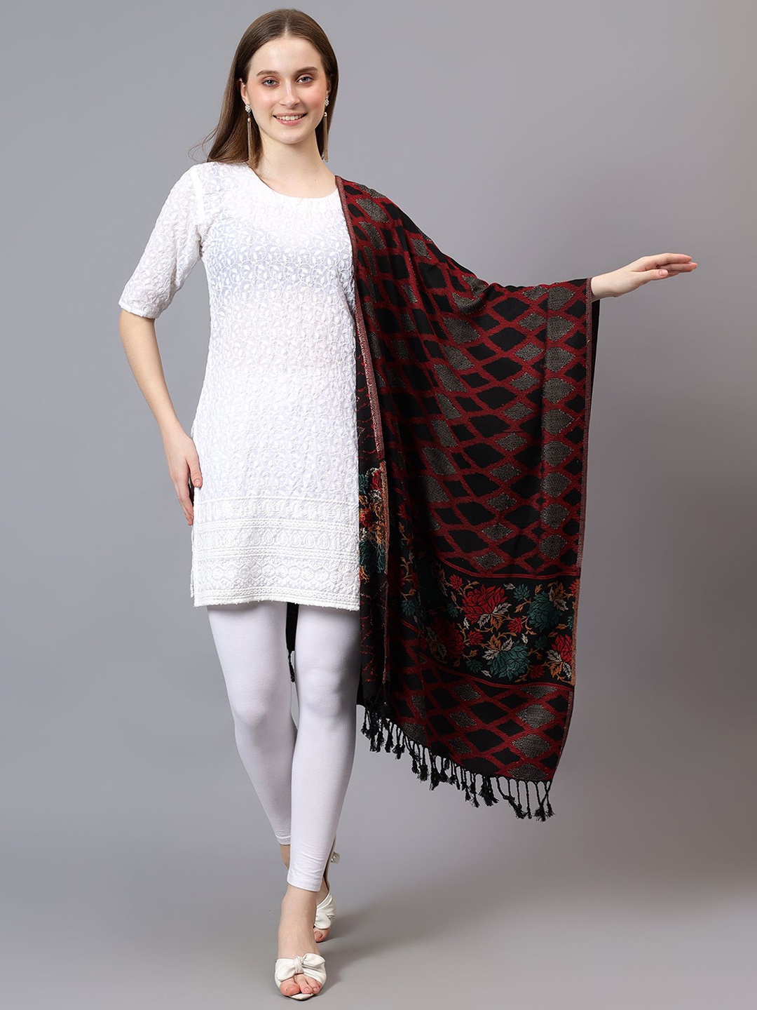 

Mizash Floral Woven Design Pure Woollen Shawl, Black