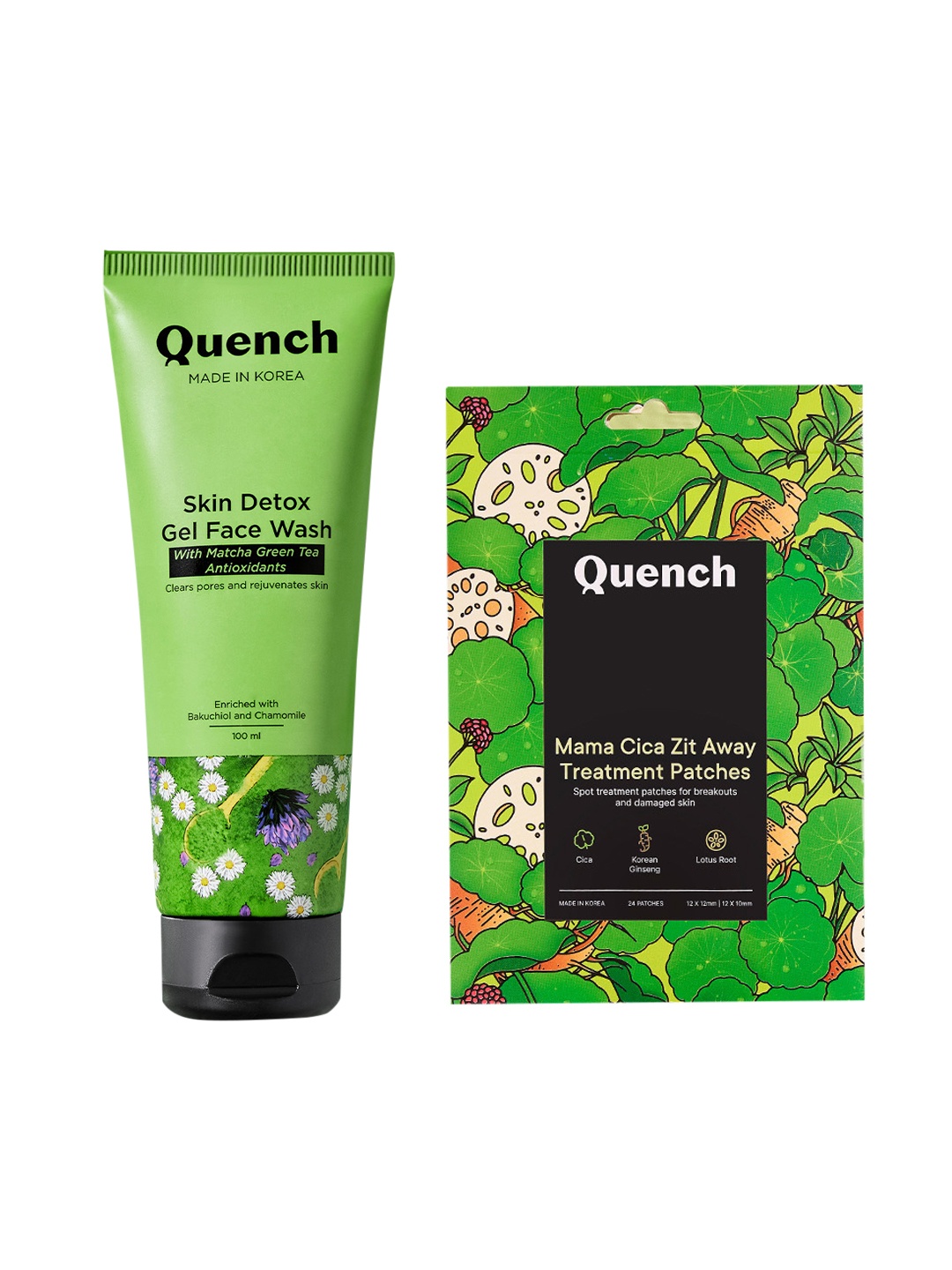 

Quench 24Pcs Mama Cica Acne Patches & Matcha Green Tea Face Wash 100ml
