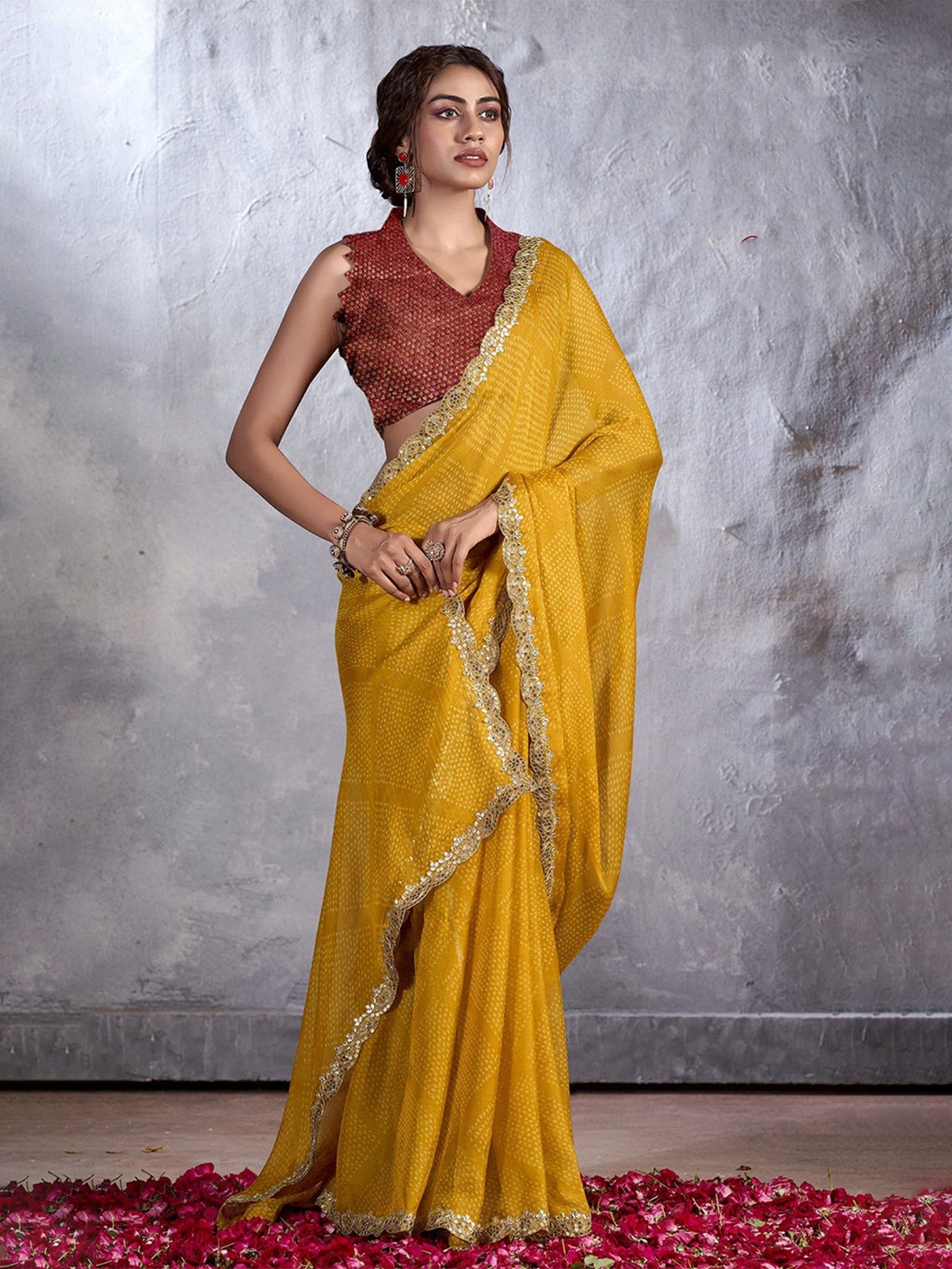 

MySilkLove Bandhani Sequinned Pure Georgette Saree, Yellow