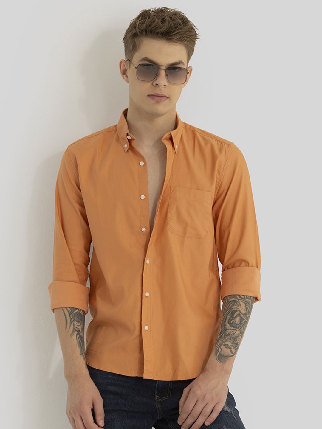 

Snitch Men Smart Slim Fit Button-Down Collar Solid Casual Shirt, Orange
