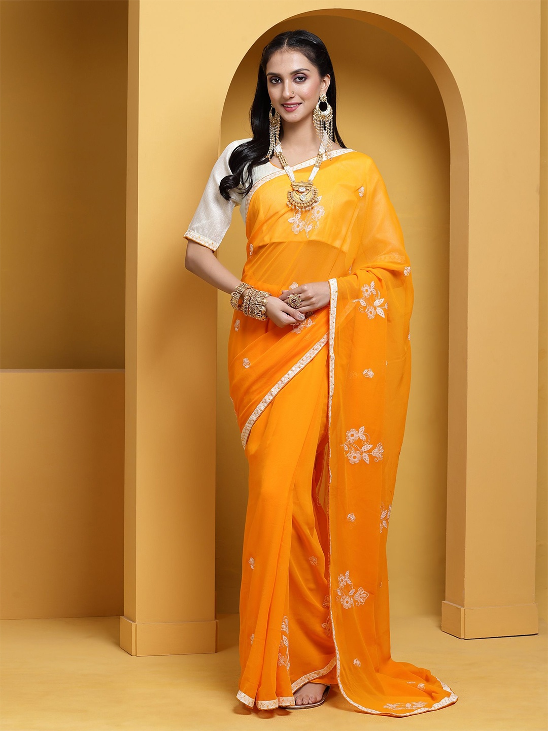 

KULNAARI Floral Embroidered Pure Georgette Saree, Yellow