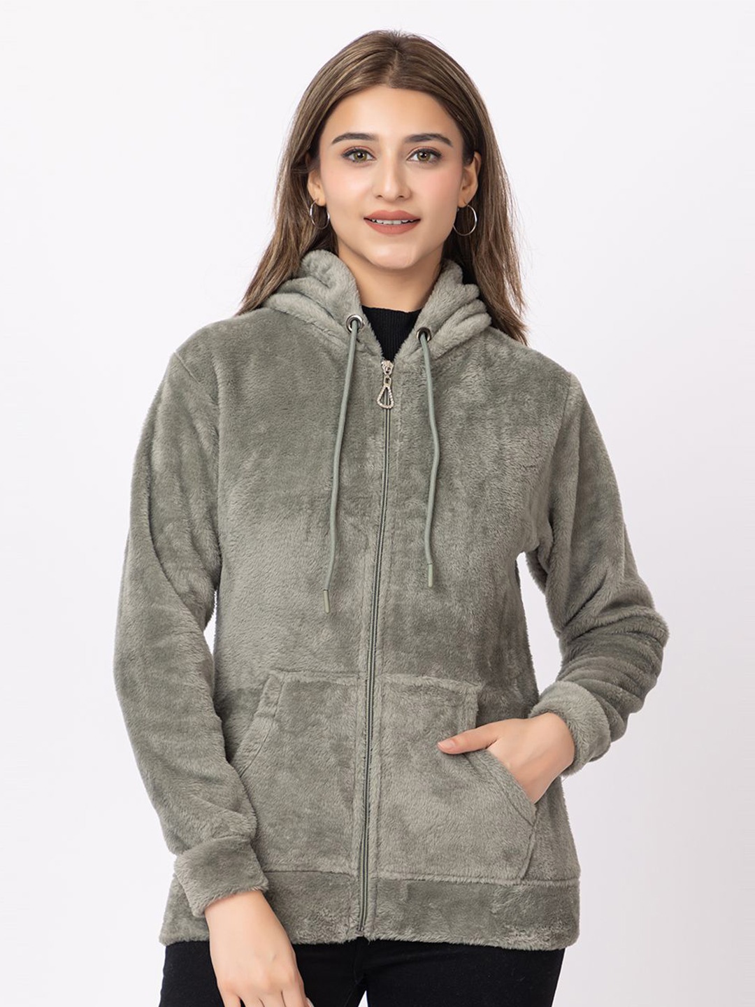

LO G LO Women Solid Hooded Knitted Sweatshirt, Olive