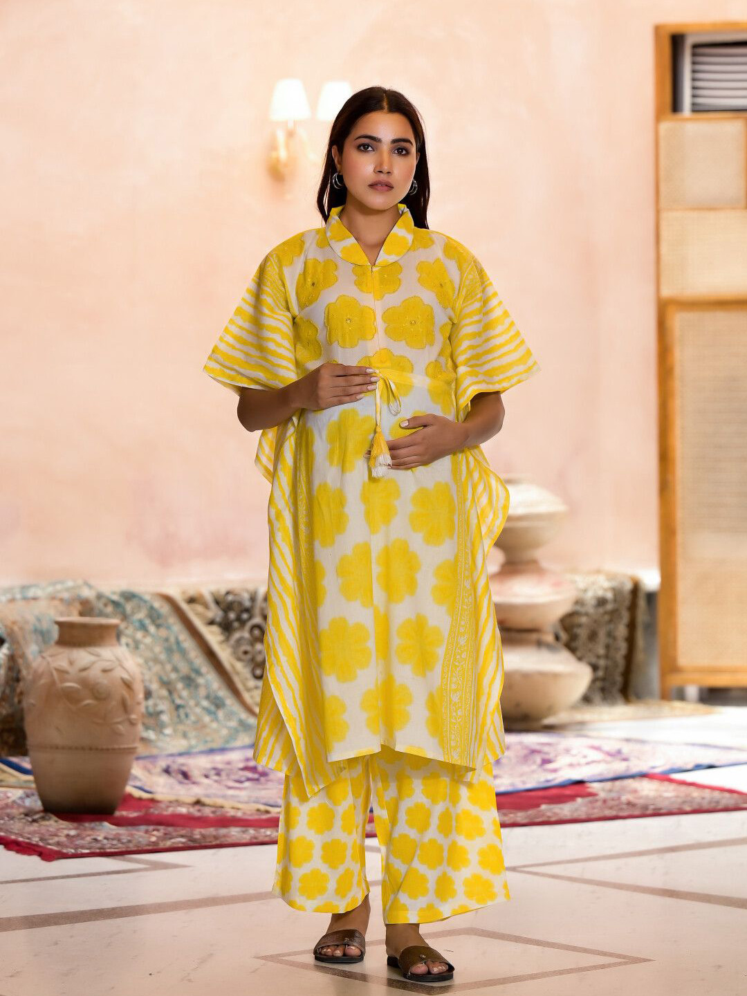 

Aujjessa Floral Printed Beads and Stones Pure Cotton Kaftan Maternity Kurta with Palazzo, Yellow