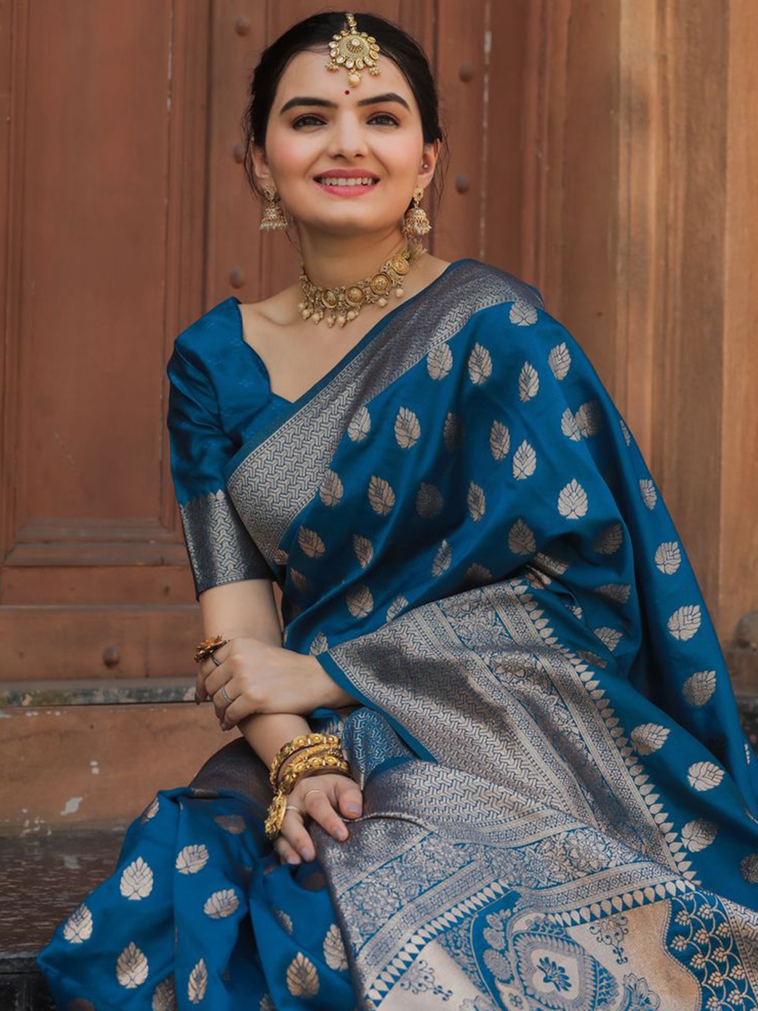 

COSBILA FASHION Women Ethnic Motifs Zari Woven Banarasi Saree, Blue