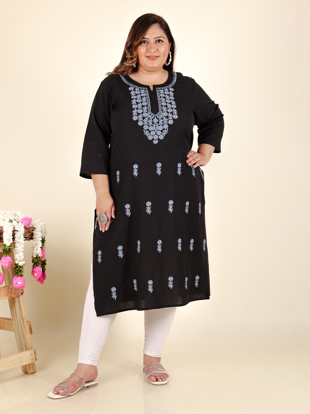 

LALI JAIPUR Women Plus Size Embroidered Pure Cotton Kurta, Black