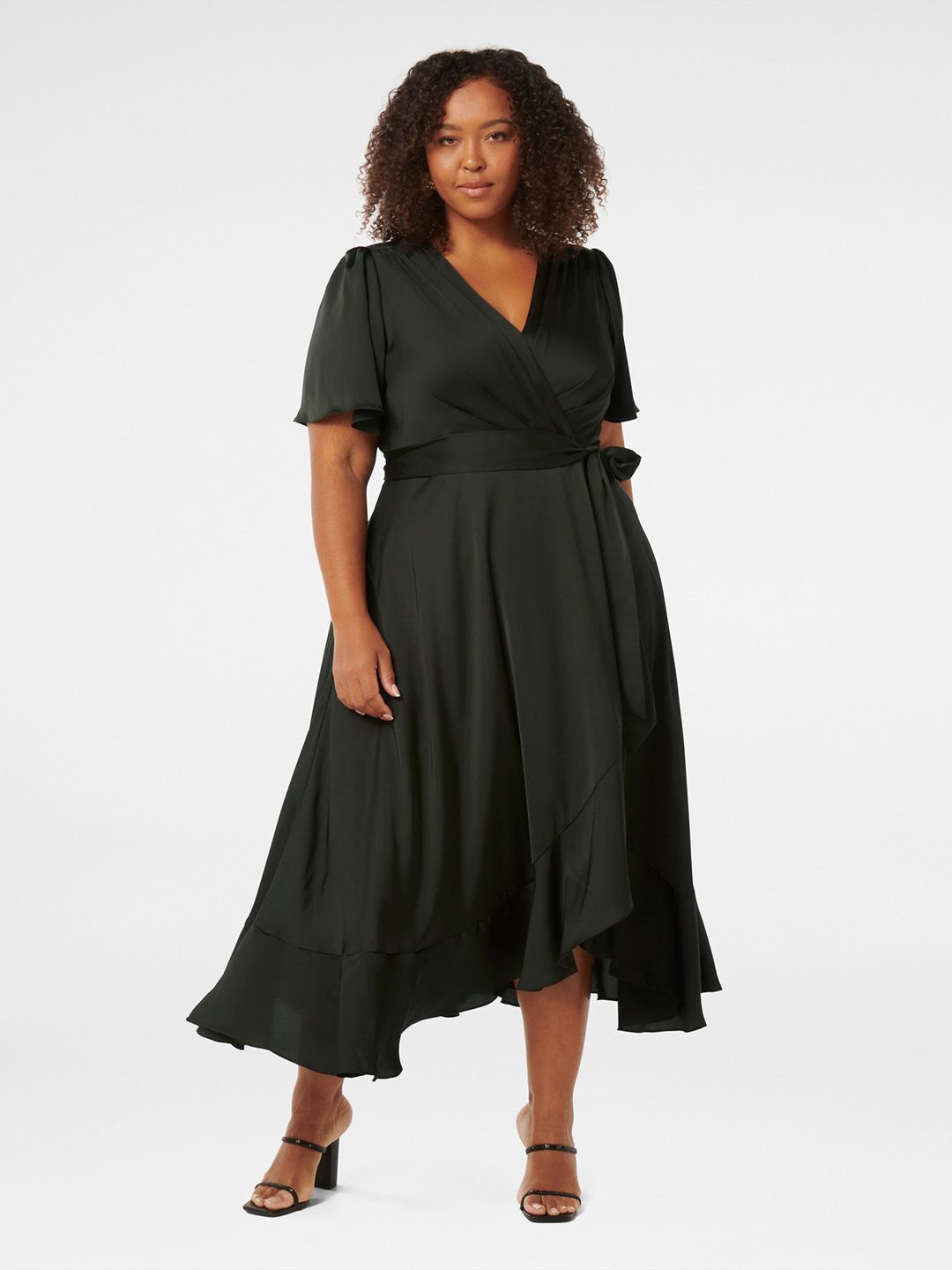 

Forever New Flared Sleeve Satin Ruffle Wrap Midi Plus Size Dress, Black