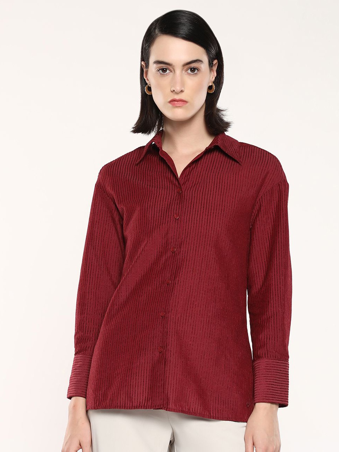 

RAREISM Women Comfort Striped Spread Collar Casual Shirt, Brown