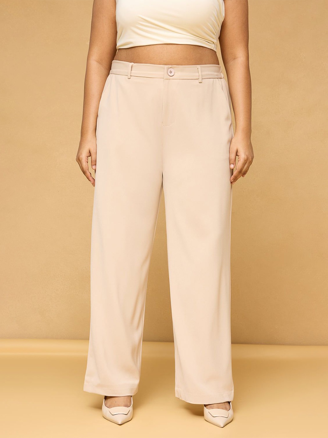 

FREAKINS Curve Sand Beige Sleek Korean Pants