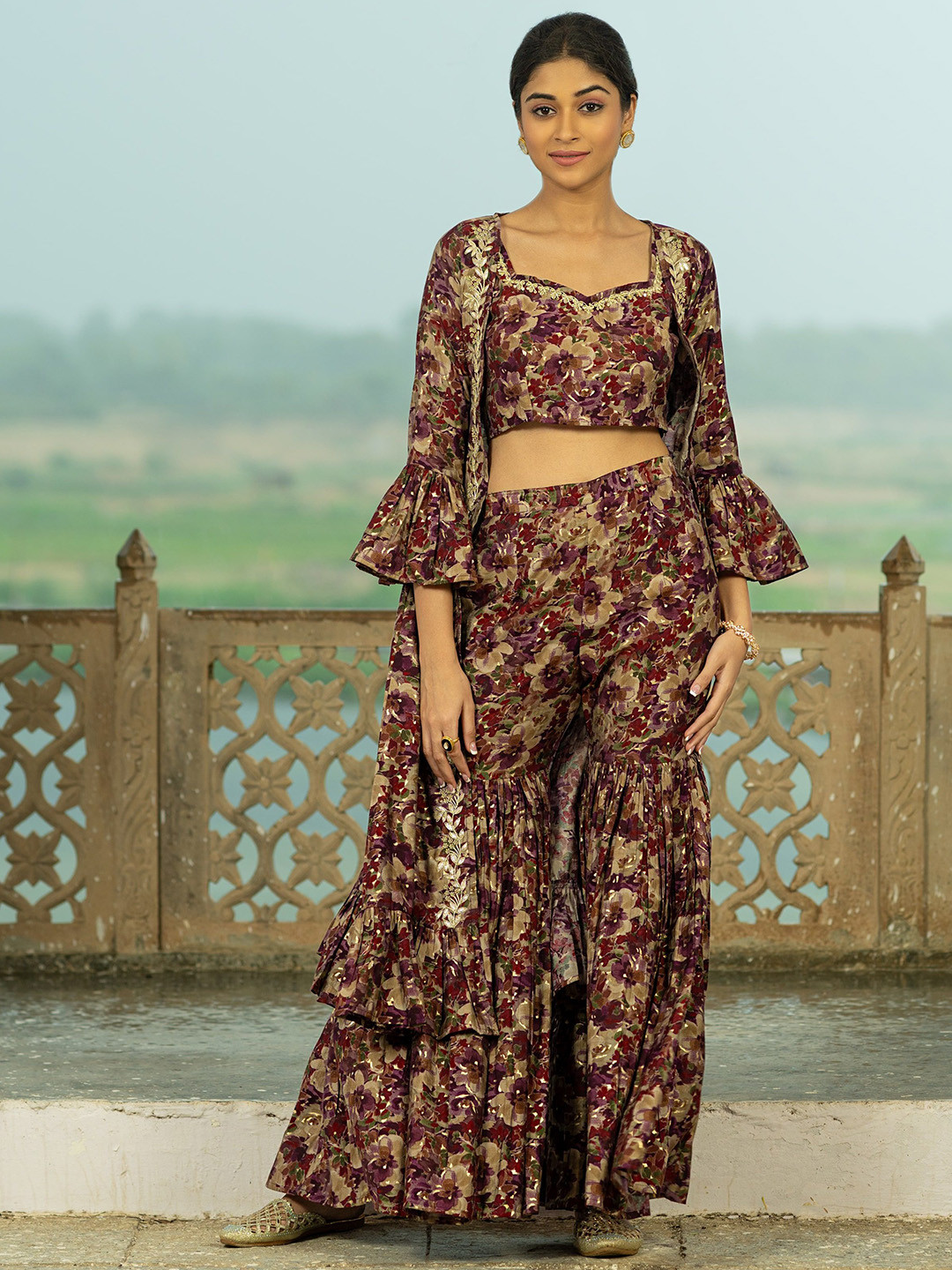 

The Kapas Printed Crop Top, Shrug With Palazzo, Maroon