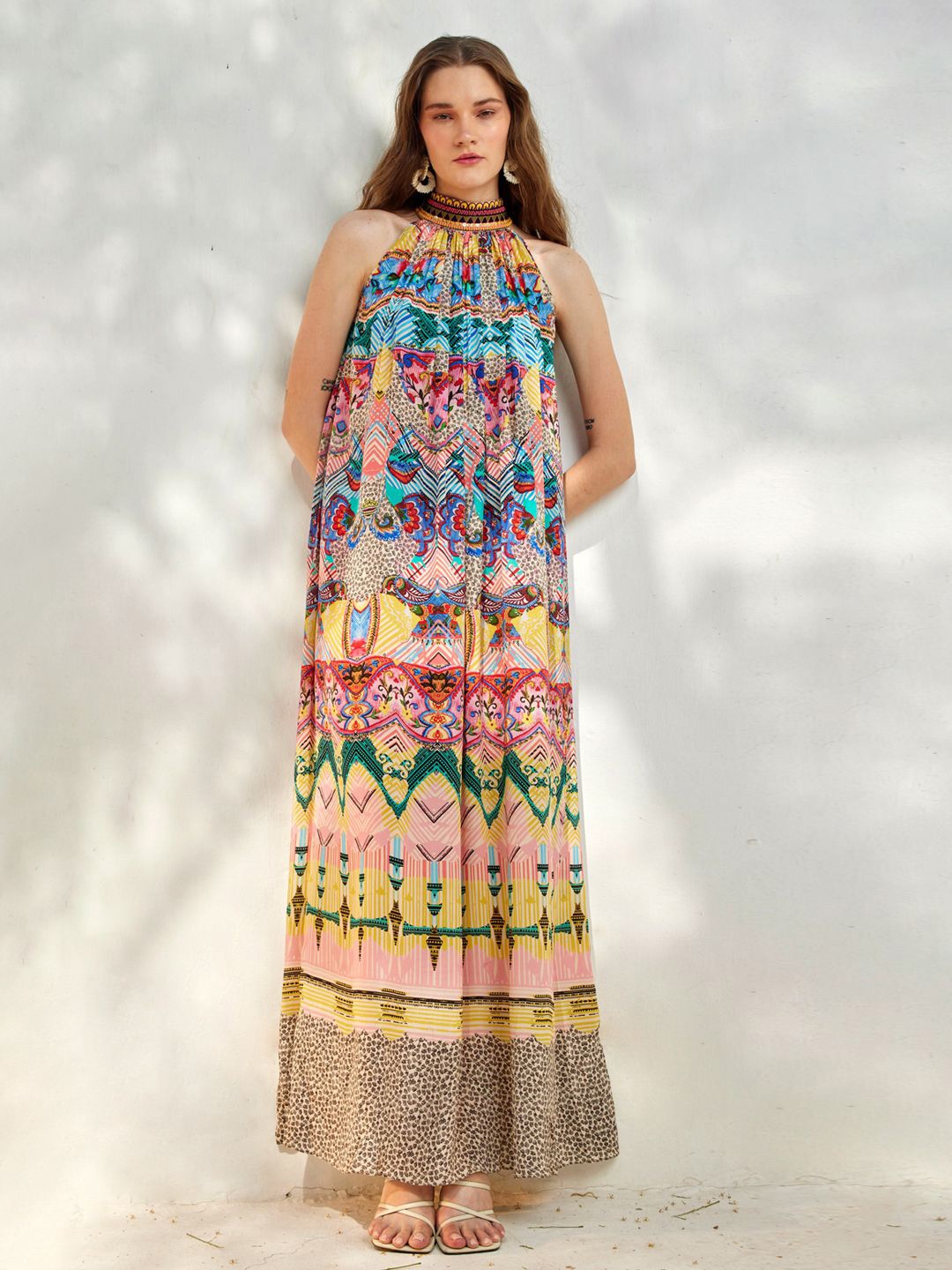 

Bhanuni Women Tribal Printed Halter Neck Maxi Dress, Yellow