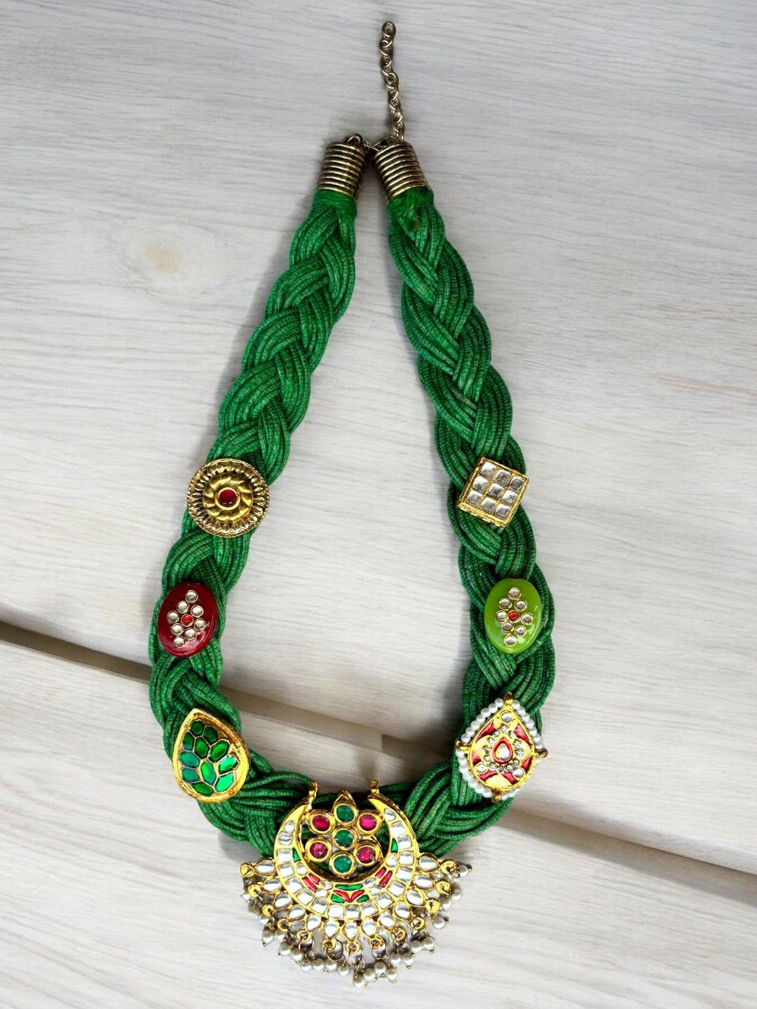 

VIVAZS 22KT Gold Plated Jute and Multi Color Kundan Studded Necklace, Green