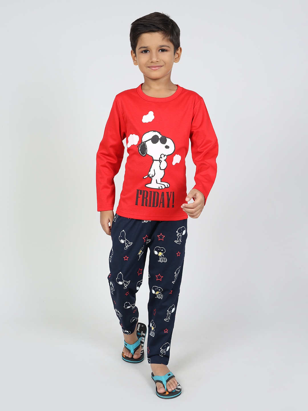 

Here&Now X Denikid Boys Printed Pure Cotton T-shirt with Pyjamas, Red