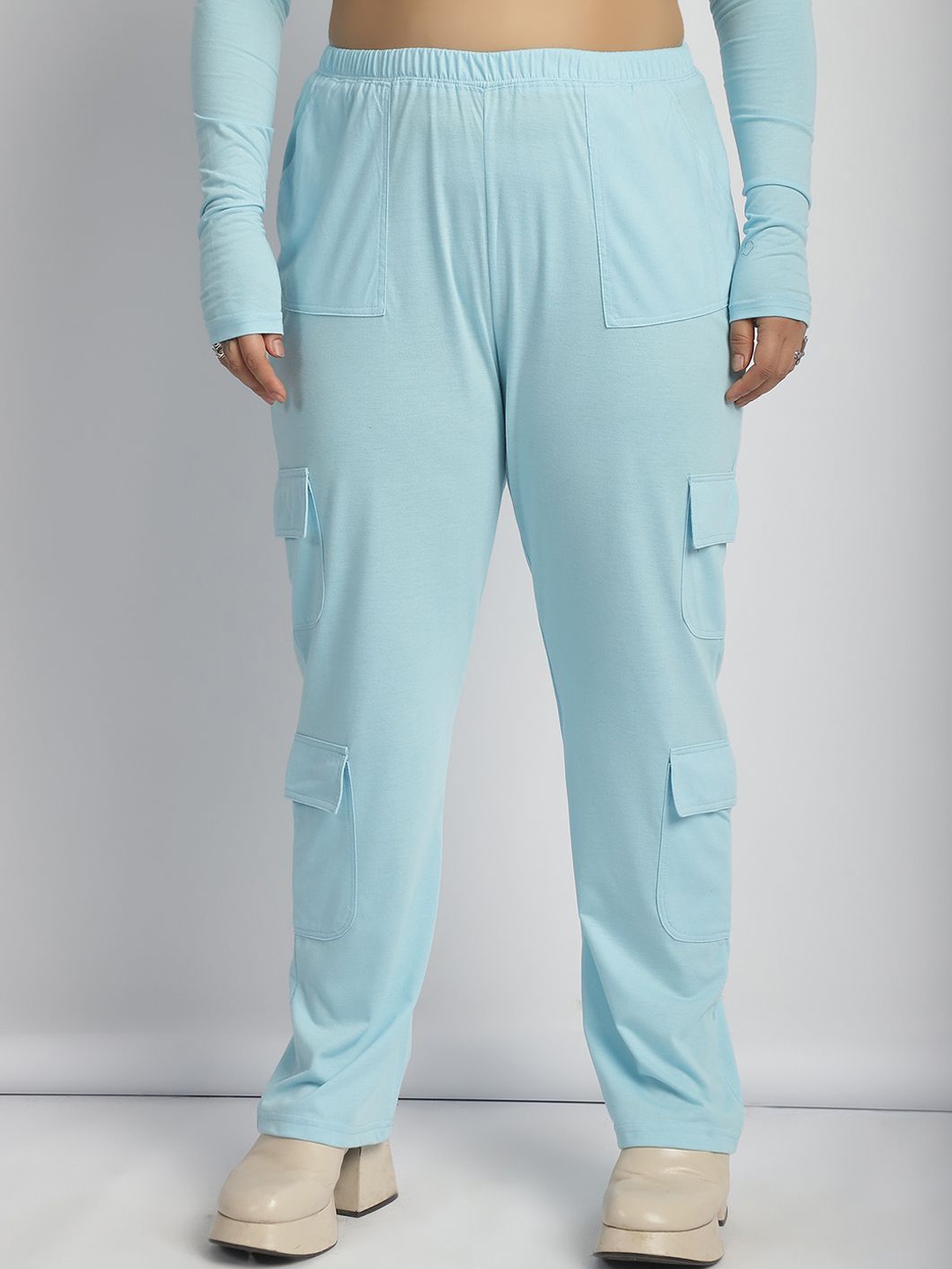 

thkgrlz Women Relaxed High-Rise Easy Wash Plus Size Cargos Trousers, Blue