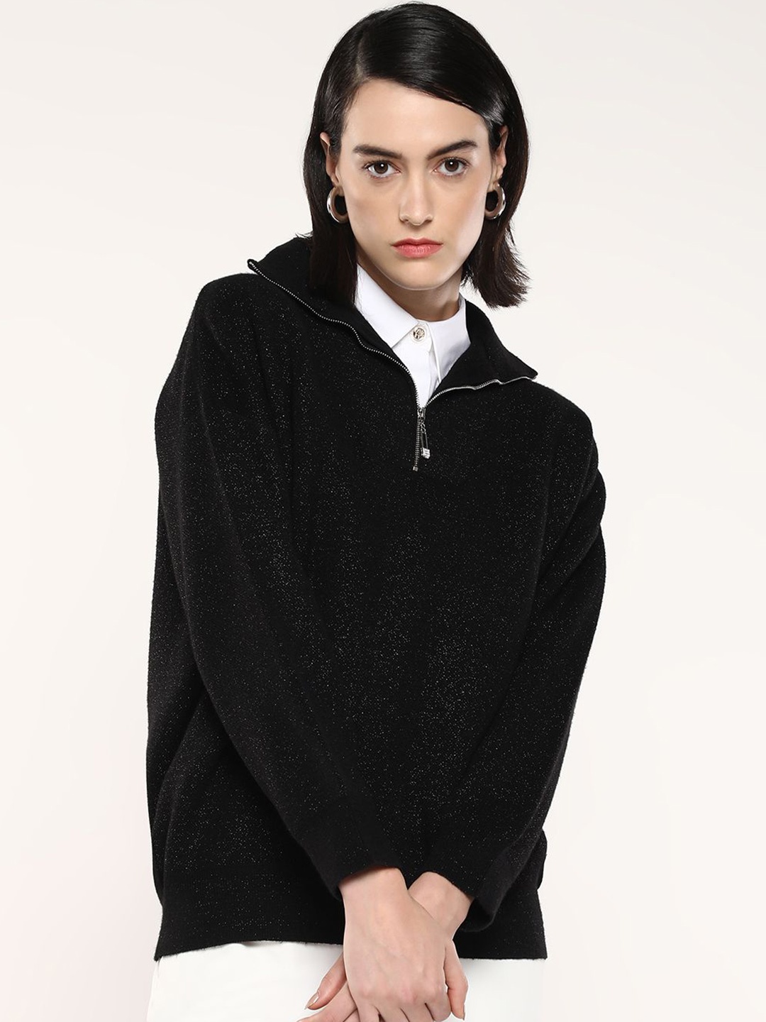 

RAREISM Women Solid Mock Collar Pullover, Black