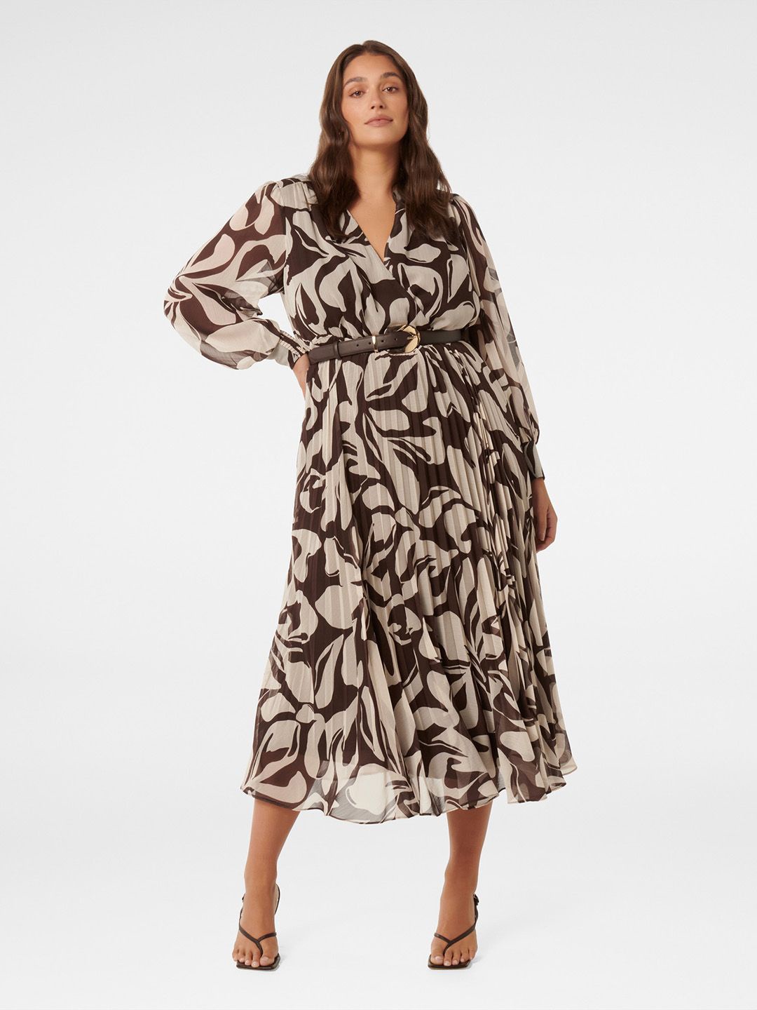 

Forever New Printed Pleated Wrap Midi Dress, Brown
