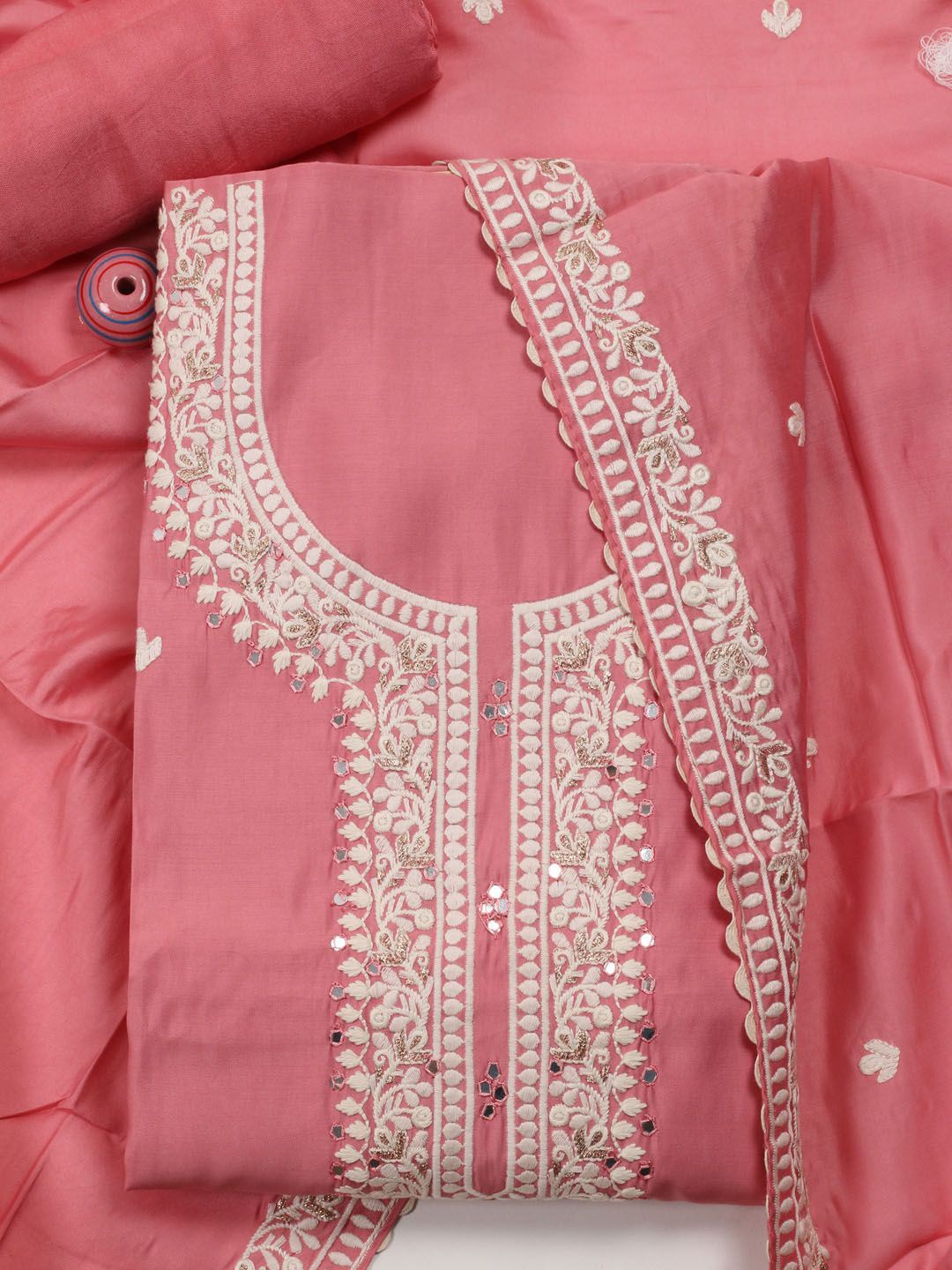 

Meena Bazaar Floral Embroidered Art Silk Unstitched Dress Material, Pink