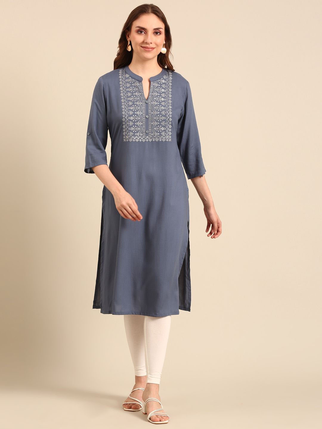 

Anouk Grey Floral Yoke Designed Mandarin Collar Thread Work Pure Cotton Straight Kurta