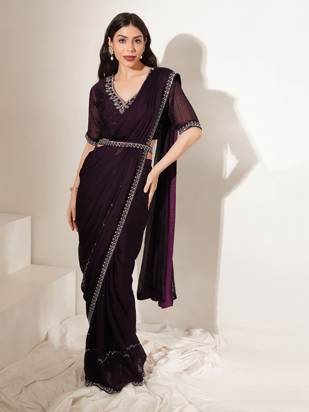 

AMOHA TRENDZ Embellished Beads and Stones Pure Chiffon Ready to Wear Saree, Violet