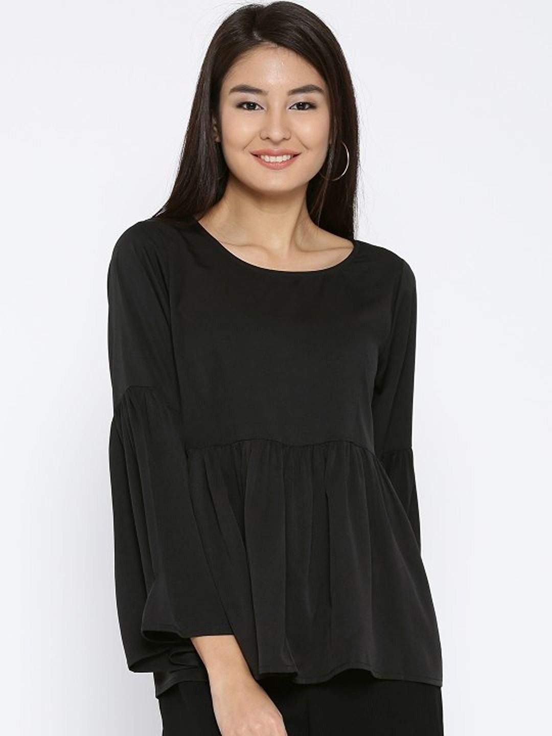 

Sera Women Solid Round Neck Cotton Blend Top, Black