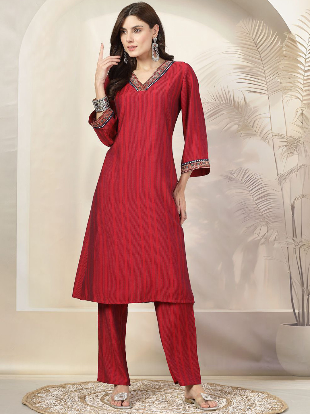 

Nayam By Lakshita Striped Mirror Work Straight Kurta with Trousers & Dupatta, Red