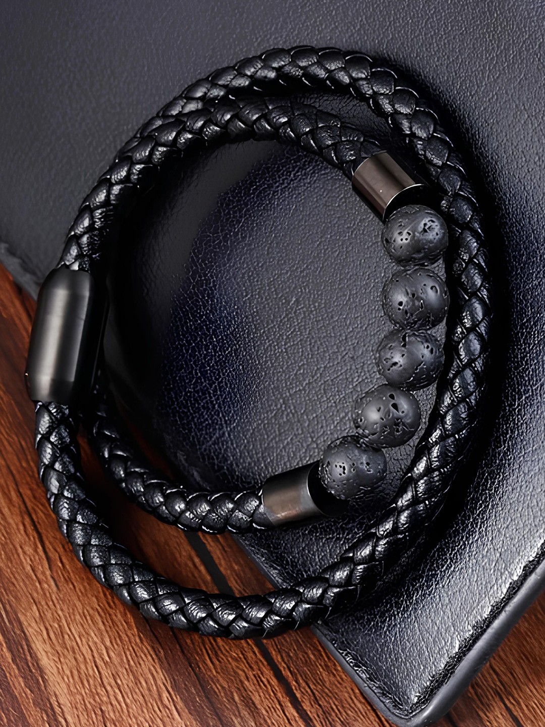 

KARISHMA KREATIONS Unisex Volcanic Rock Leather Multistrand Bracelet, Black