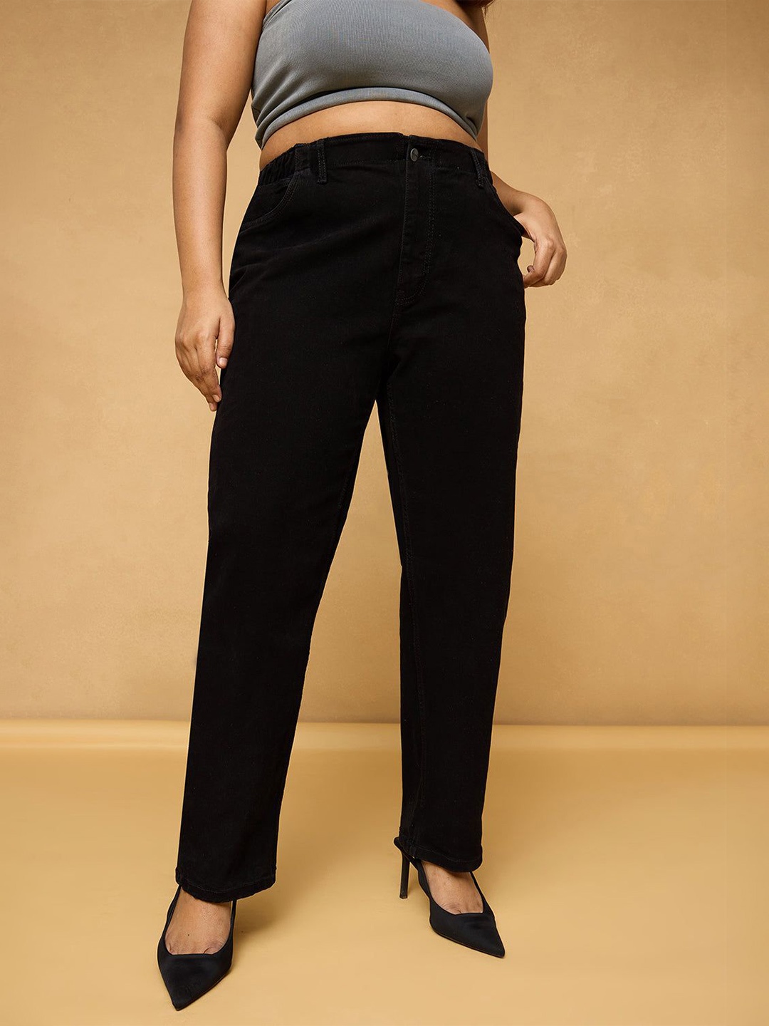 

FREAKINS Women Cotton High-Rise Mom Fit Jeans, Black
