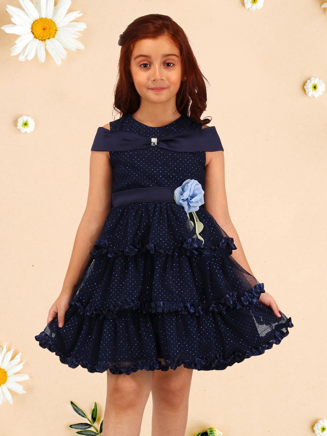 

CUTECUMBER Girls Polka Dot Printed Ruffled Net Fit & Flare Dress, Navy blue