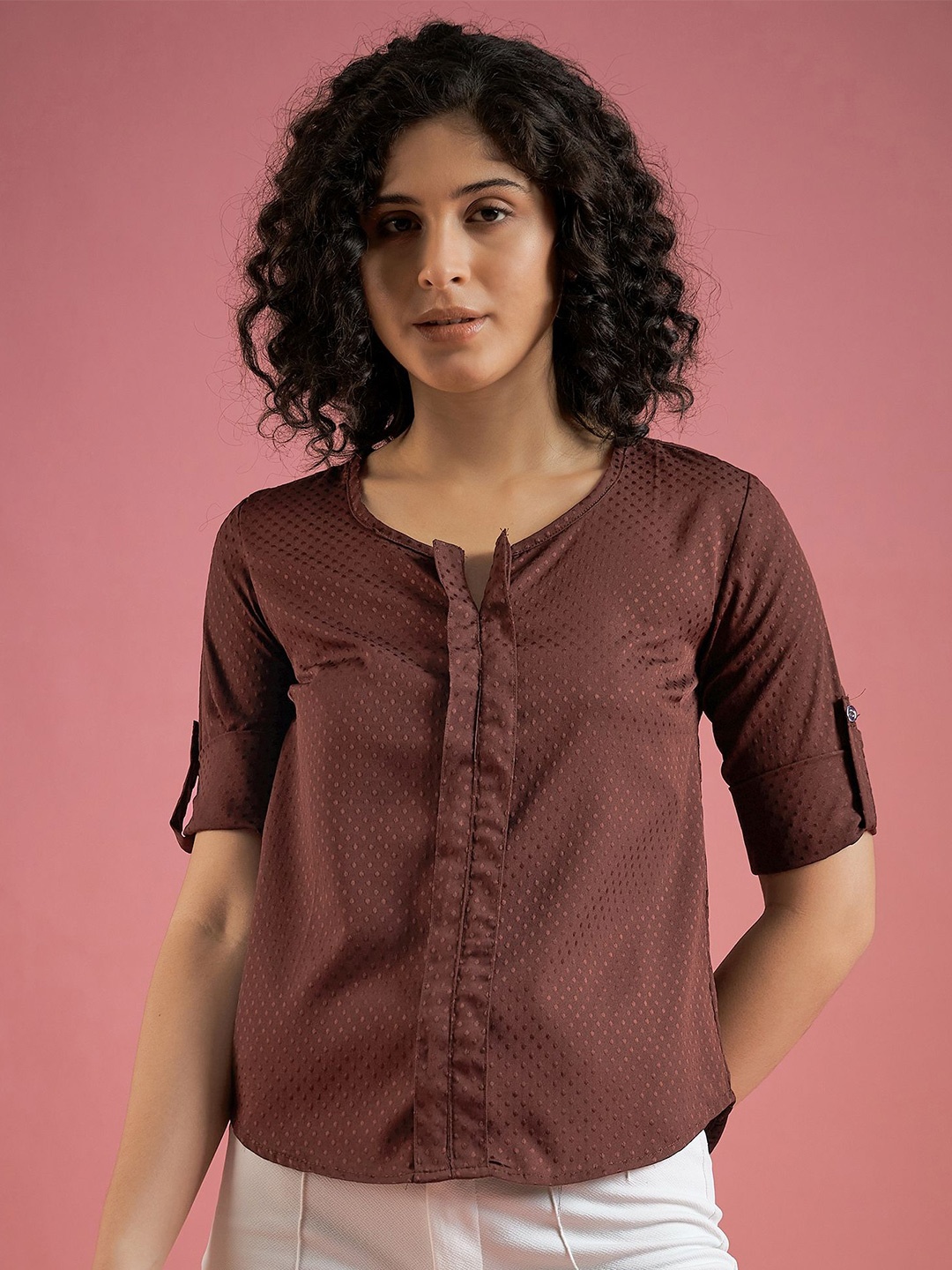 

DressBerry Women Self Design Round Neck Polyester Top, Brown