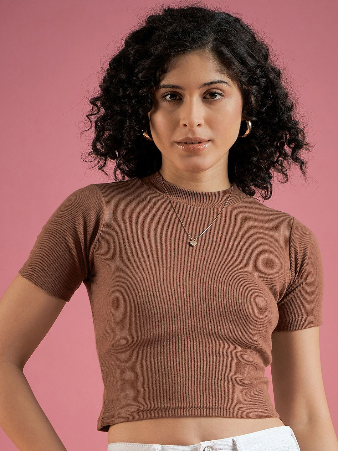 

DressBerry Women Solid High Neck Pure Cotton Top, Brown